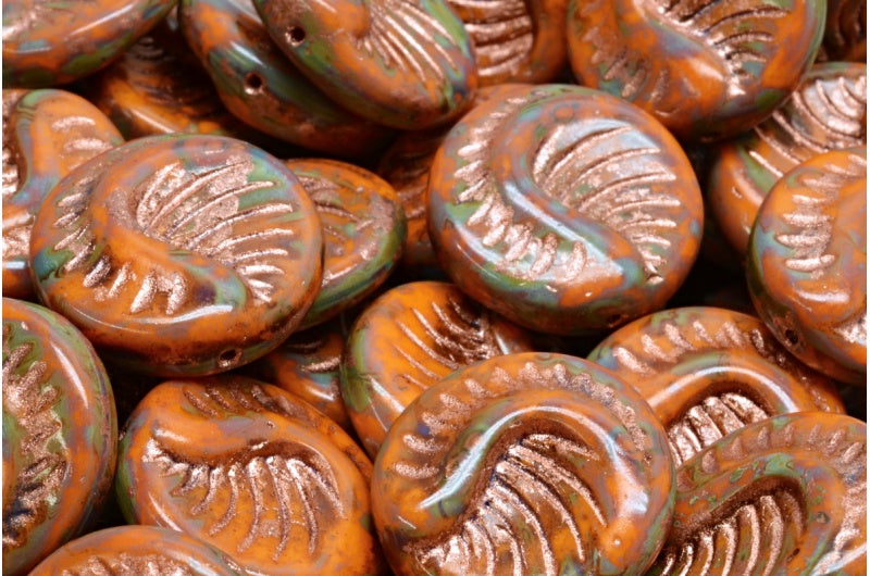 Fossil Coin Beads, Opaque Yellow Travertin Copper Lined (93110-86800-54307), Glass, Czech Republic