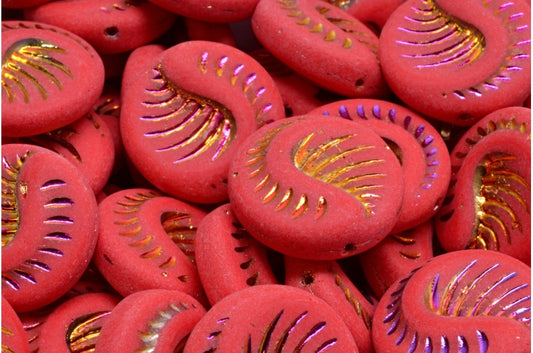 Fossil Coin Beads，不透明红色 Sliperit 全（2X 面）哑光 (93200-29503-84100)，玻璃，捷克共和国