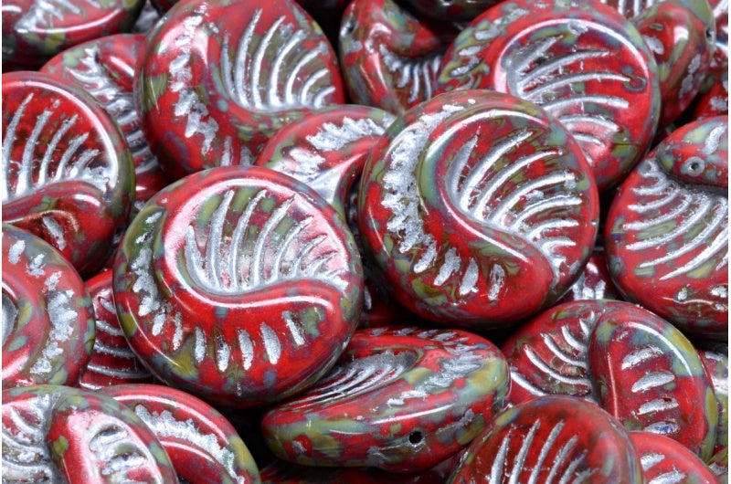 Fossil Coin Beads, Opaque Red Travertin Silver Lined (93200-86800-54301), Glass, Czech Republic