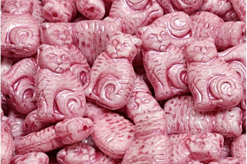 Cat beads, White Pink Lined (02010-54321), Glass, Czech Republic