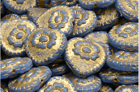 バラ付きハートビーズ、ブルーゴールドライン（62010-54302）、ガラス、チェコ共和国