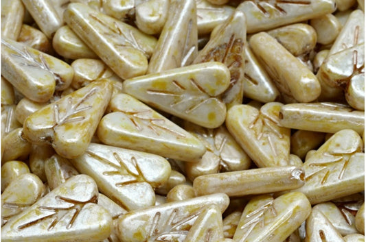 Heart Leaf Bead, White Cream Luster Spotted (02010-65321), Glass, Czech Republic
