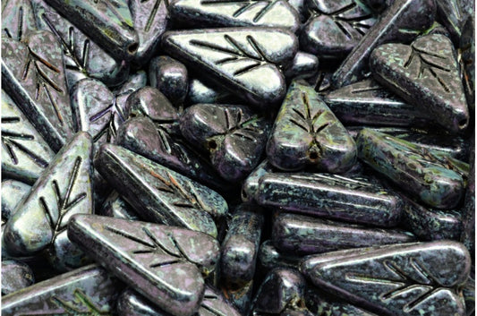 ハートリーフビーズ、黒紫茶色光沢斑点（23980-65329）、ガラス、チェコ共和国