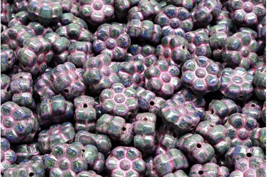 Flat Flower Beads, Opaque Blue Travertin 43807 (33070-86800-43807), Glass, Czech Republic