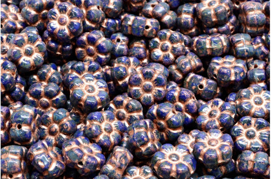 Flat Flower Beads, Opaque Blue Travertin Copper Lined (33070-86800-54307), Glass, Czech Republic