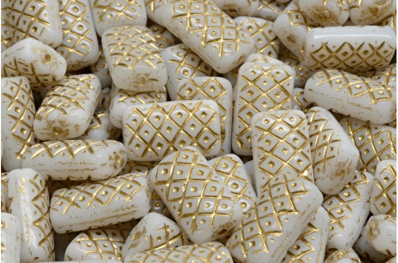 Grid Cushion Beads 13x07mm, White Gold Lined (02010-54302), Glass, Czech Republic