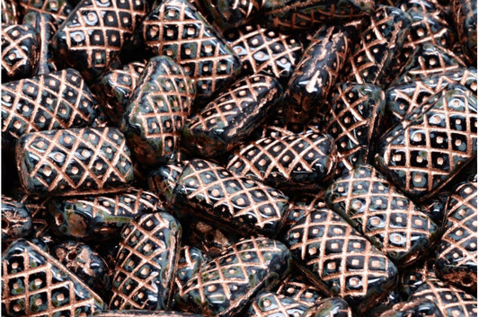 Grid Cushion Beads 13x07mm, Black Travertin Copper Lined (23980-86800-54307), Glass, Czech Republic