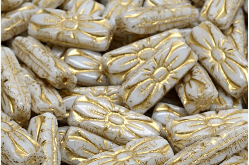 Flower Rectangle Beads, White Opal Gold Lined (02020-54202), Glass, Czech Republic