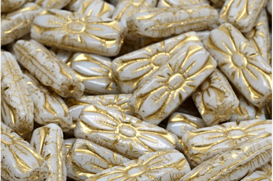 Flower Rectangle Beads, White Opal Gold Lined (02020-54202), Glass, Czech Republic