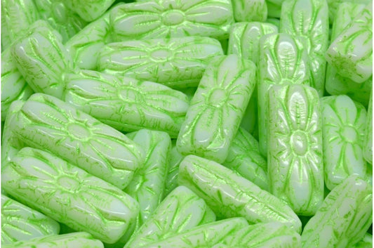 Flower Rectangle Beads, White 43813 (02010-43813), Glass, Czech Republic