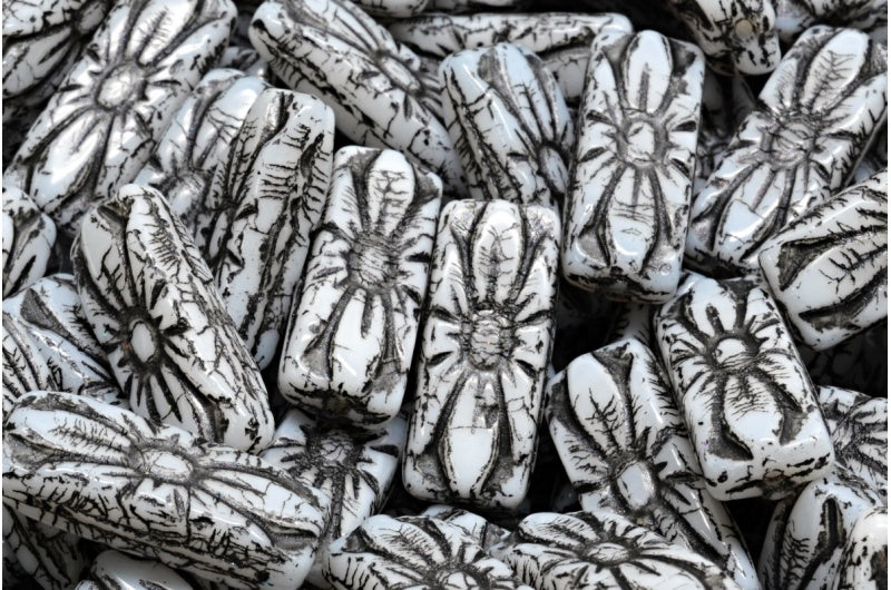 Flower Rectangle Beads, White 43815 (02010-43815), Glass, Czech Republic