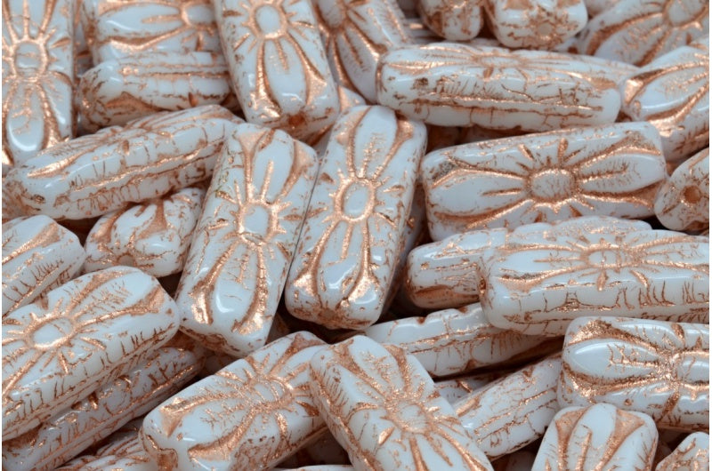 Flower Rectangle Beads, White Copper Lined (02010-54307), Glass, Czech Republic