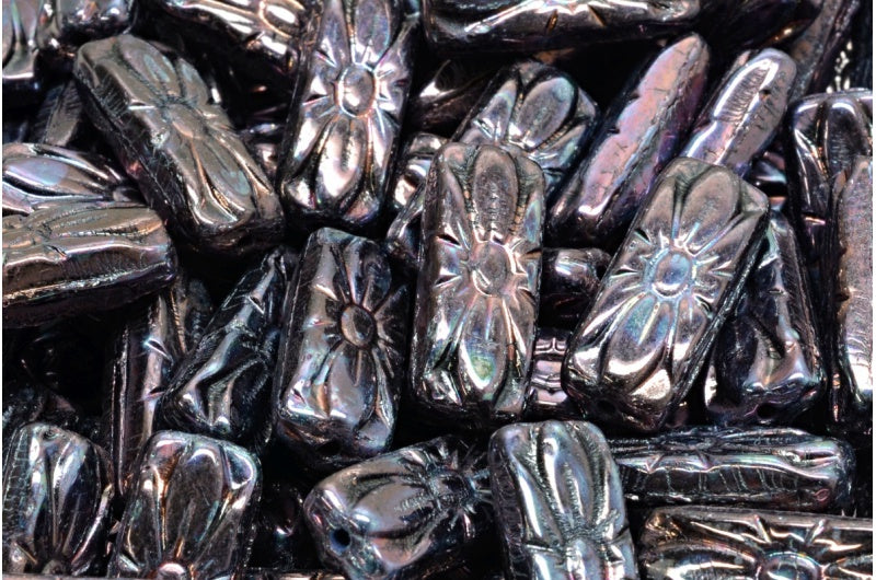 フラワーレクタングルビーズ、ブラックネビュラ（23980-15001）、ガラス、チェコ共和国