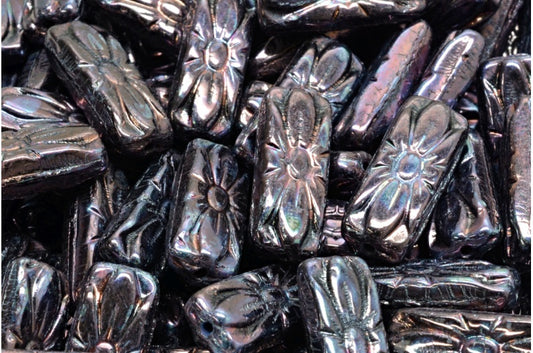 花矩形珠，黑色星云 (23980-15001)，玻璃，捷克共和国