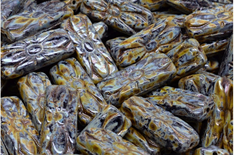 フラワーレクタングルビーズ、ブラックトラバーチン（23980-86800）、ガラス、チェコ共和国