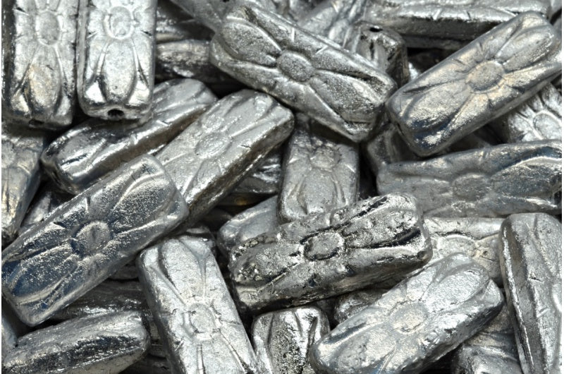 フラワーレクタングルビーズ、ブラックエッチング 27003 (23980-etch-27003)、ガラス、チェコ共和国