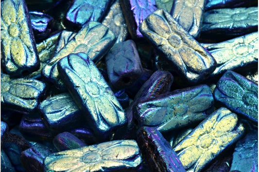 フラワーレクタングルビーズ、ブラックエッチングアブフル（2Xサイド）（23980-etch-28703）、ガラス、チェコ共和国