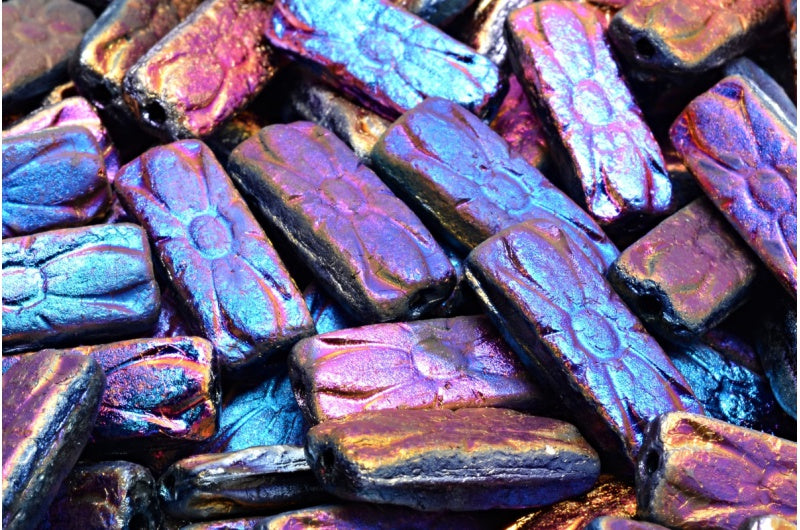 フラワーレクタングルビーズ、ブラックエッチングスリペリットフル（2Xサイド）（23980-etch-29503）、ガラス、チェコ共和国