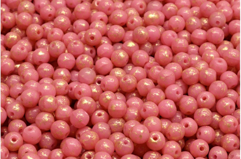 Round Druck Beads 4mm, Opaque Pink Gold Splash (73010-94401), Glass, Czech Republic