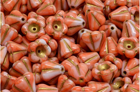 Bell Flower Beads, Coral Gold Lined (07924-54302), Glass, Czech Republic