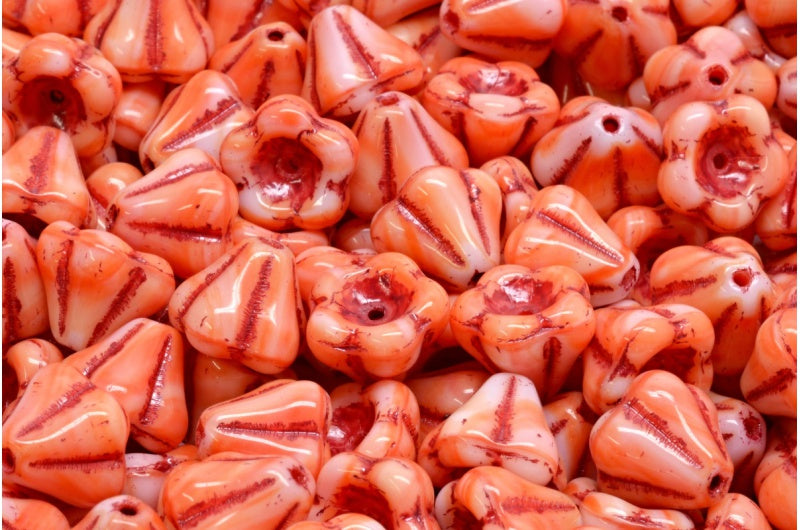 Bell Flower Beads, Coral Red Lined (07924-54314), Glass, Czech Republic