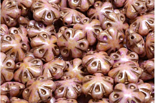 Folklore Flower Beads, White Pink Beige Luster Spotted Copper Lined (02010-65323-54319), Glass, Czech Republic