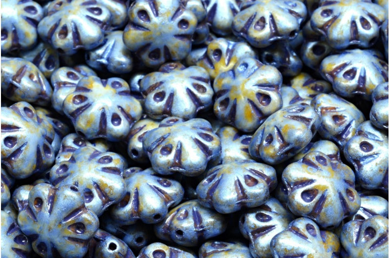 Folklore Flower Beads, White Green Luster Spotted Blue Lined (02010-65325-54325), Glass, Czech Republic