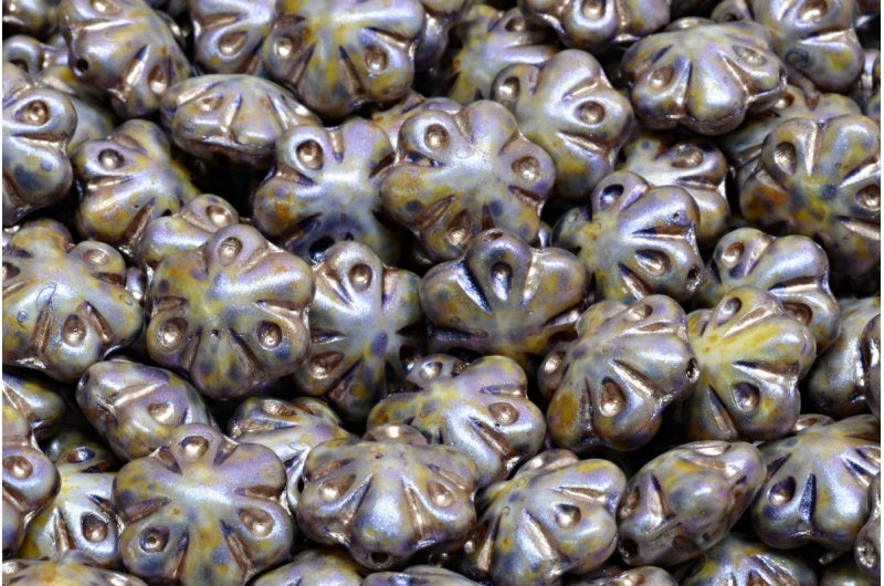 Folklore Flower Beads, White Purple Brown Luster Spotted Copper Lined (02010-65329-54324), Glass, Czech Republic