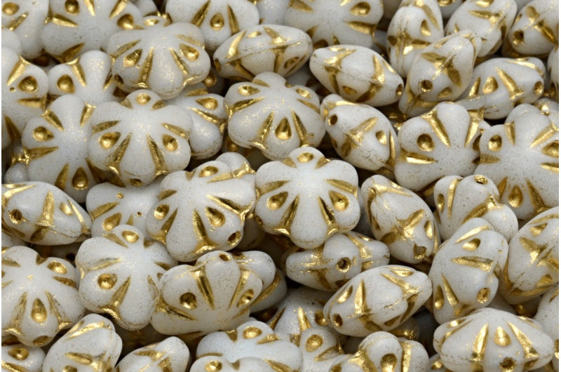 Folklore Flower Beads, White Matte Gold Lined (02010-84100-54302), Glass, Czech Republic