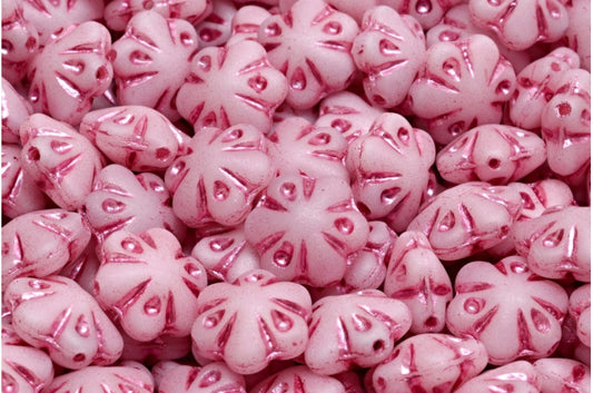 Folklore Flower Beads, White Matte Pink Lined (02010-84100-54321), Glass, Czech Republic