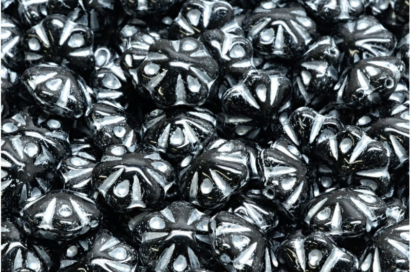 フォークロアフラワービーズ、ブラックシルバーライン（23980-54301）、ガラス、チェコ共和国