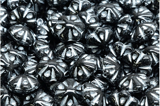 フォークロアフラワービーズ、ブラックシルバーライン（23980-54301）、ガラス、チェコ共和国