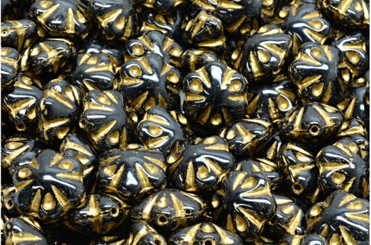 フォークロアフラワービーズ、ブラックゴールドライン（23980-54302）、ガラス、チェコ共和国