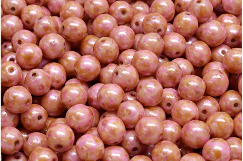 Round Druck Beads, White Pink Beige Luster Spotted (02010-65323), Glass, Czech Republic