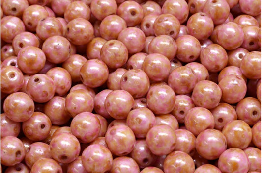 Round Druck Beads, White Pink Beige Luster Spotted (02010-65323), Glass, Czech Republic