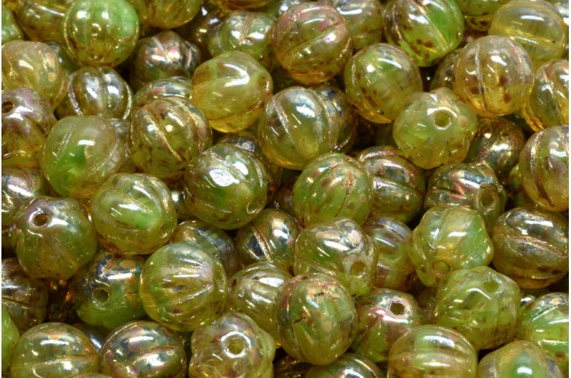 Melon Beads, Opaque Green Picasso (56018-43400), Glass, Czech Republic