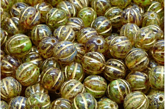 メロンビーズ、不透明グリーントラバーチン、金箔入り（56018-86800-54302）、ガラス、チェコ共和国