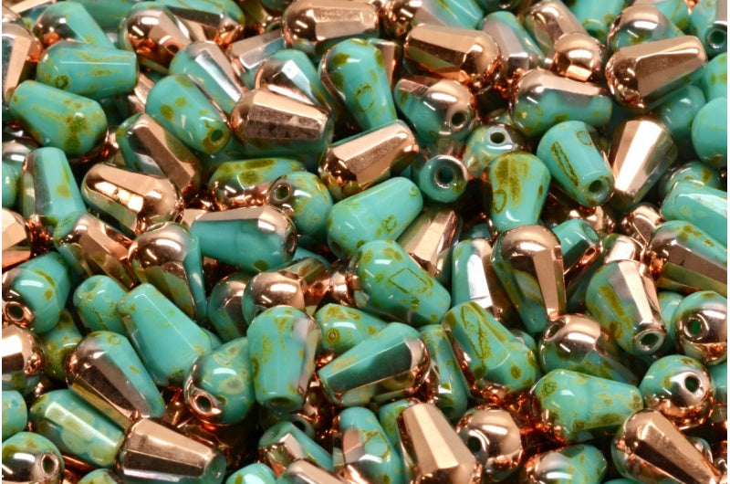 Fire Polish Faceted Teardrop Beads, Turquoise Travertin Rose Gold Capri (63130-86800-27101), Glass, Czech Republic