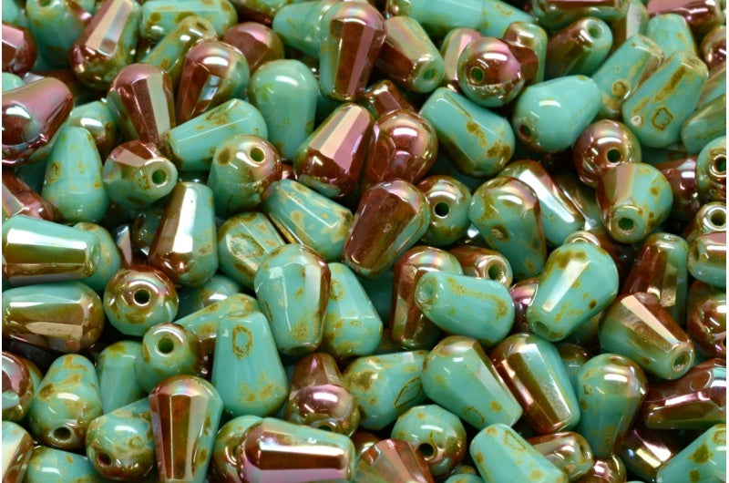 Fire Polish Faceted Teardrop Beads, Turquoise Travertin Apricot Coatings (63130-86800-29121), Glass, Czech Republic
