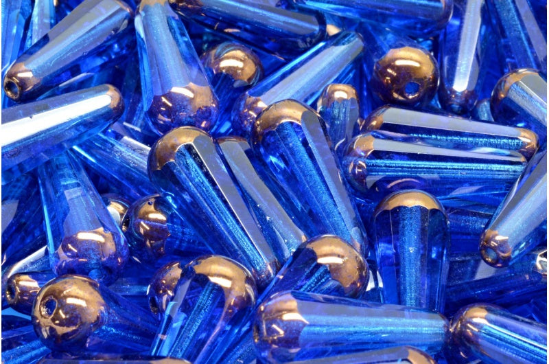 ファセット加工のファイアポリッシュ仕上げのティアドロップビーズ、透明アクアブロンズ（60310-14415）、ガラス、チェコ共和国