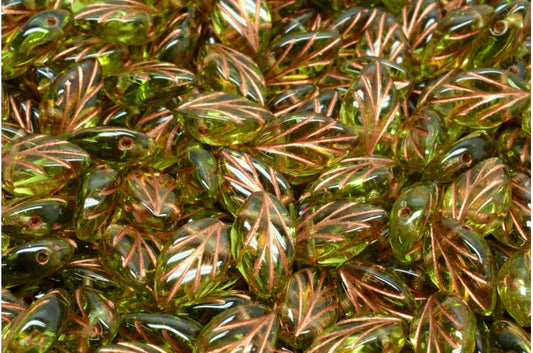 Beech Leaf Beads, Transparent Green Copper Lined (50220-54319), Glass, Czech Republic