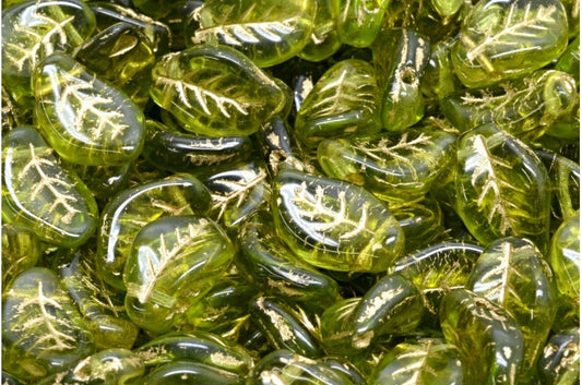 Wavy Leaf Beads, Transparent Green Gold Lined (50230-54302), Glass, Czech Republic