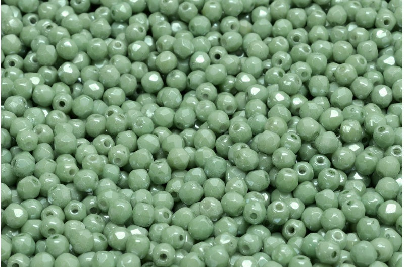 Fire Polish Faceted Round Beads 2mm, Chalk White Luster Green Full Coated (03000-14457), Glass, Czech Republic