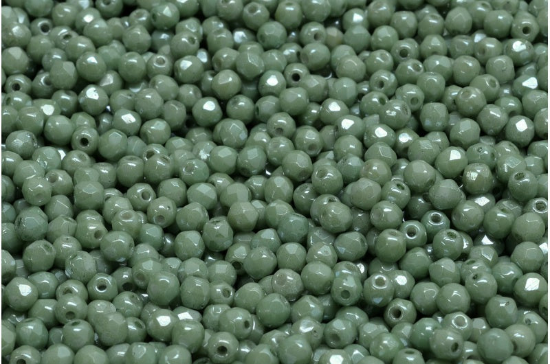 Fire Polished Faceted Beads Round, Chalk White Luster Green Full Coated (03000-14459), Bohemia Crystal Glass, Czech Republic