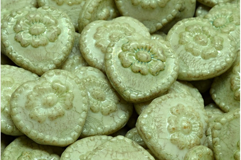 バラ付きハートビーズ、ホワイトラスターグリーンフルコーティング（02010-14457）、ガラス、チェコ共和国