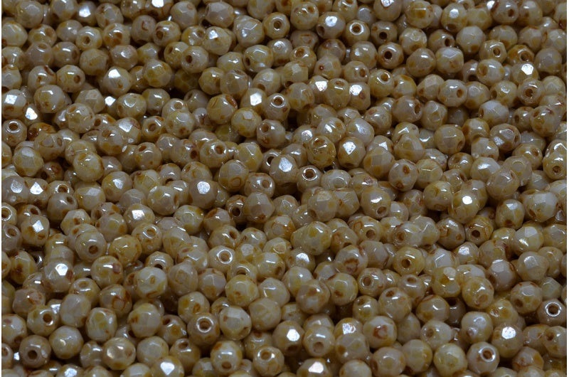 Fire Polished Faceted Beads Round, Chalk White Stain With Luster Amber (03000-65401), Bohemia Crystal Glass, Czech Republic