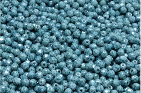 ファセット加工ビーズラウンド、チョークホワイトマーブルブルーグリーン（03000-15425）、ボヘミアクリスタルガラス、チェコ共和国