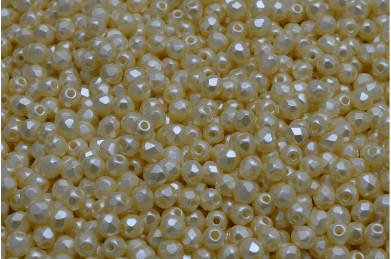 Fire Polished Faceted Beads Round, White Laser Etched Decor On Cream (02010-25039), Bohemia Crystal Glass, Czech Republic