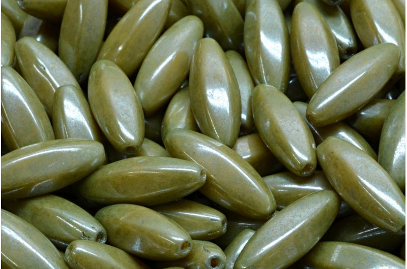 Peeled Olive beads, Beige Luster Green Full Coated (13020-14459), Glass, Czech Republic