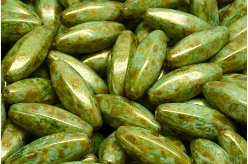 Peeled Olive beads, White Brown Luster Spotted (02010-65326), Glass, Czech Republic